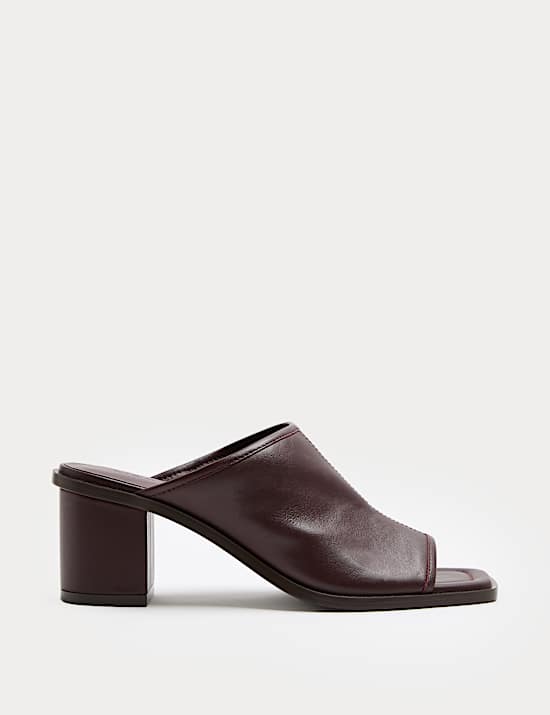Leather Block Heel Peep Toe Mules