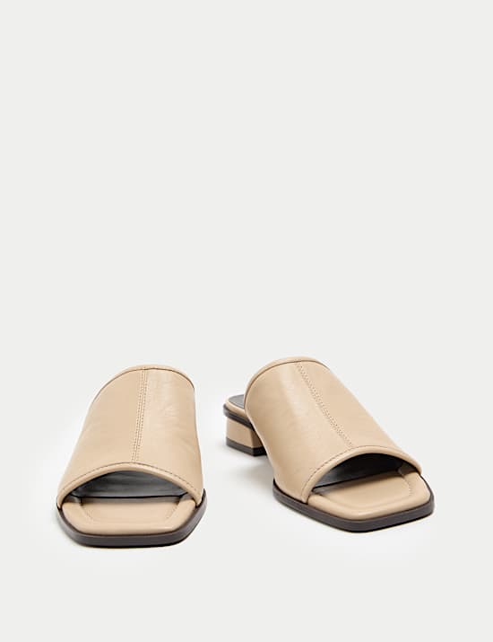 Leather Block Heel Peep Toe Mules