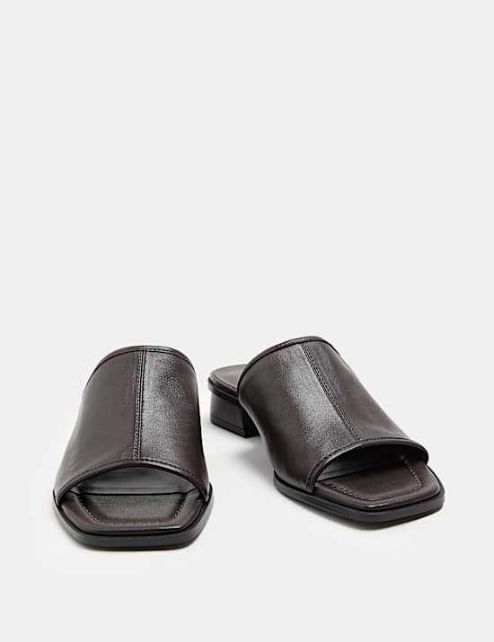 Leather Block Heel Peep Toe Mules