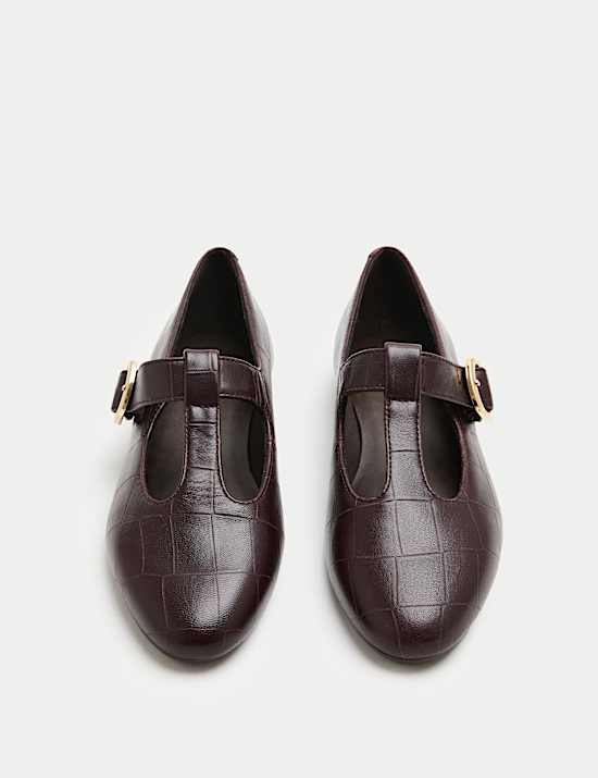 Leather Croc T-Bar Flat Ballet Pumps