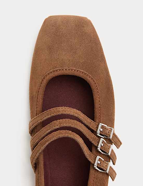 Suede Triple Strap Mary Jane Ballet Pumps