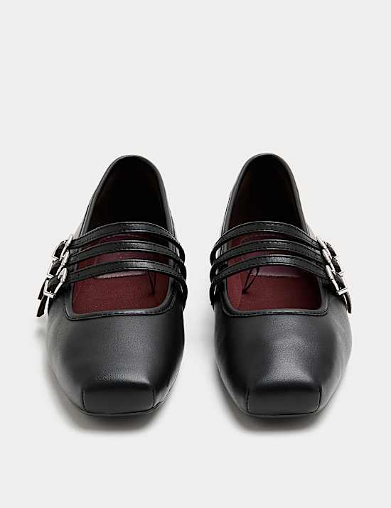 Leather Triple Strap Mary Jane Ballet Pumps