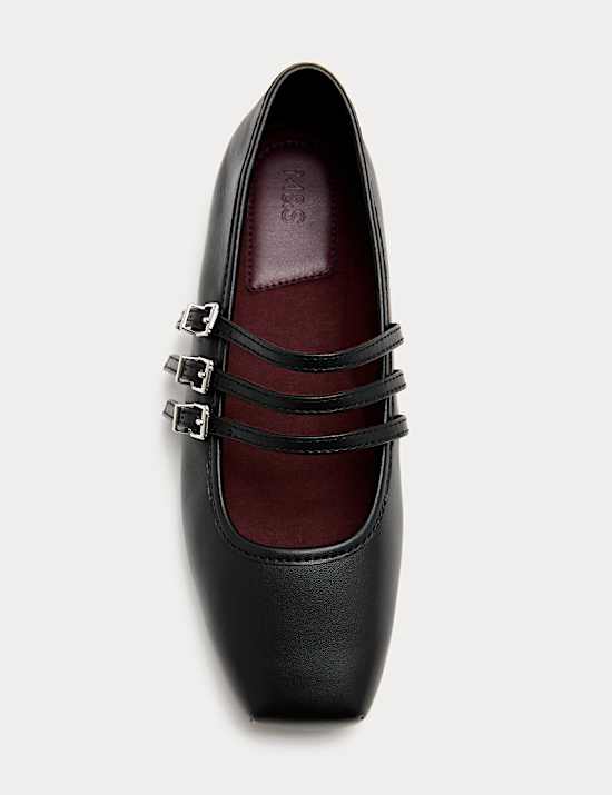 Leather Triple Strap Mary Jane Ballet Pumps
