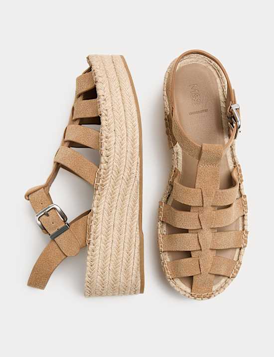 Suede Buckle Flatform Fisherman Espadrilles