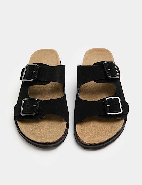 Mules en daim &agrave; assise plantaire et double boucle