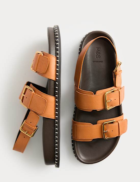 Leather Double Buckle Footbed Sandals