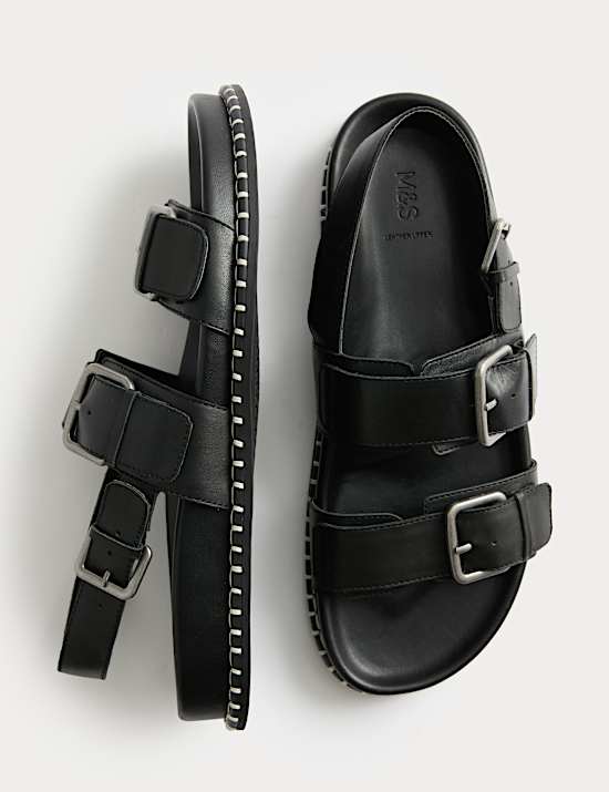 Leather Double Buckle Footbed Sandals