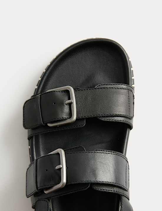Leather Double Buckle Footbed Sandals