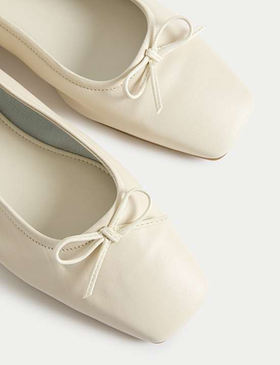 Leather Bow Flat Square Toe Ballet Pumps