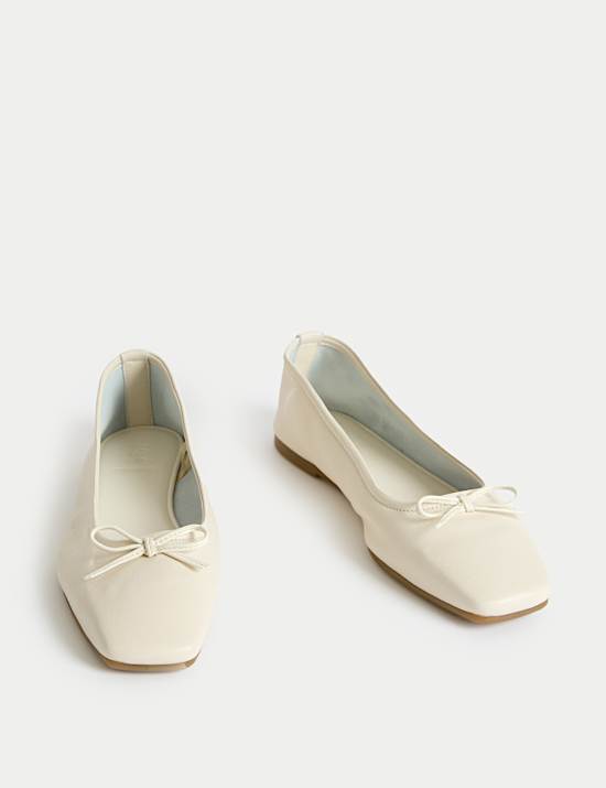 Leather Bow Flat Square Toe Ballet Pumps