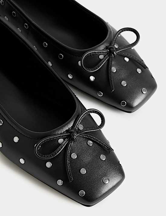 Leather Studded Square Toe Ballet Pump