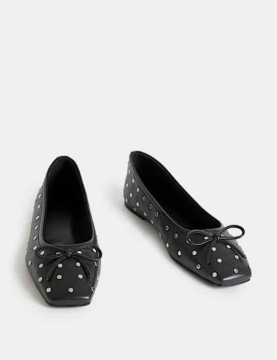 Leather Studded Square Toe Ballet Pump