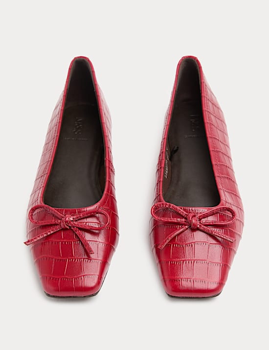 Leather Croc Flat Square Toe Ballet Pumps