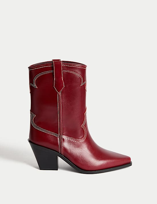 Leather Cowboy Block Heel Ankle Boots