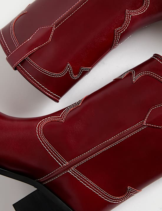 Leather Cowboy Block Heel Ankle Boots