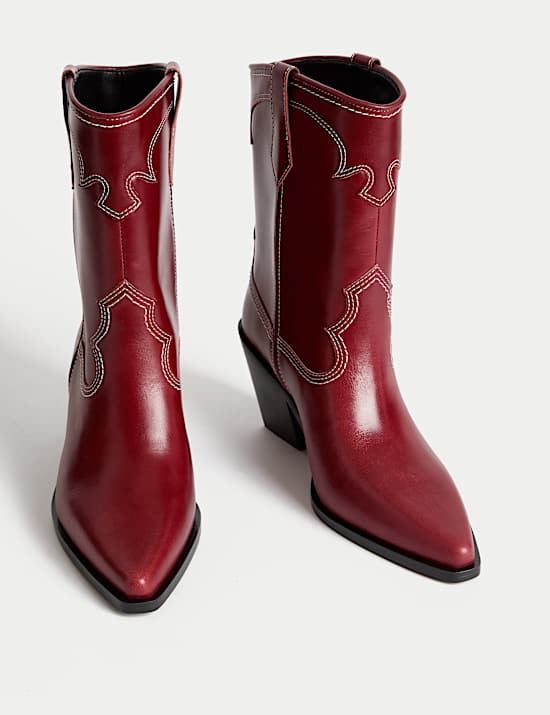 Leather Cowboy Block Heel Ankle Boots