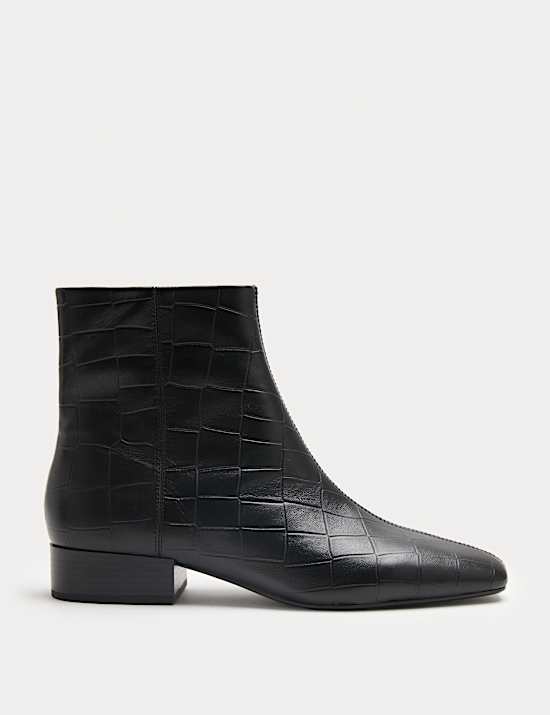 Leather Croc Block Heel Chisel Toe Ankle Boots