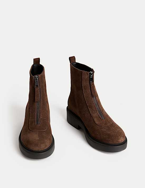 Suede Front Zip Block Heel Ankle Boots