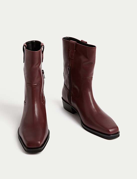 Leather Block Heel Chisel Toe Ankle Boots