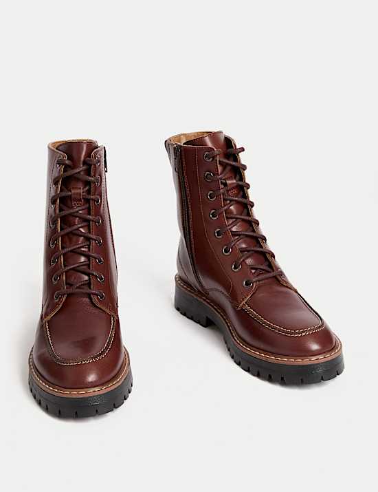 Leather Lace Up Block Heel Ankle Boots