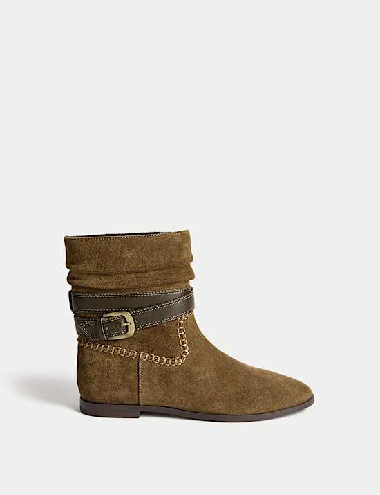 Suede Ruched Flat Ankle Boots