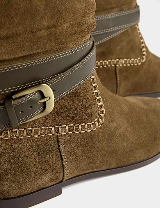 Suede Ruched Flat Ankle Boots