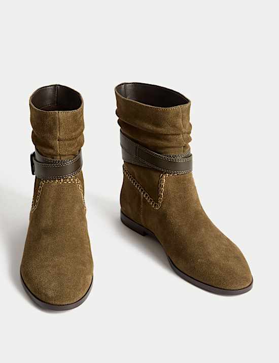 Suede Ruched Flat Ankle Boots
