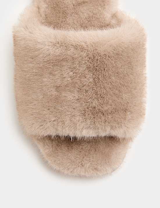 Faux Fur Open Toe Slider Slippers