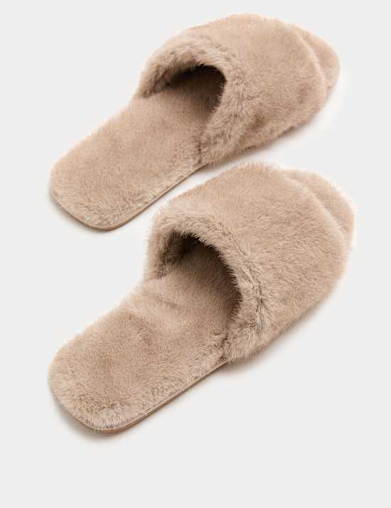 Faux Fur Open Toe Slider Slippers