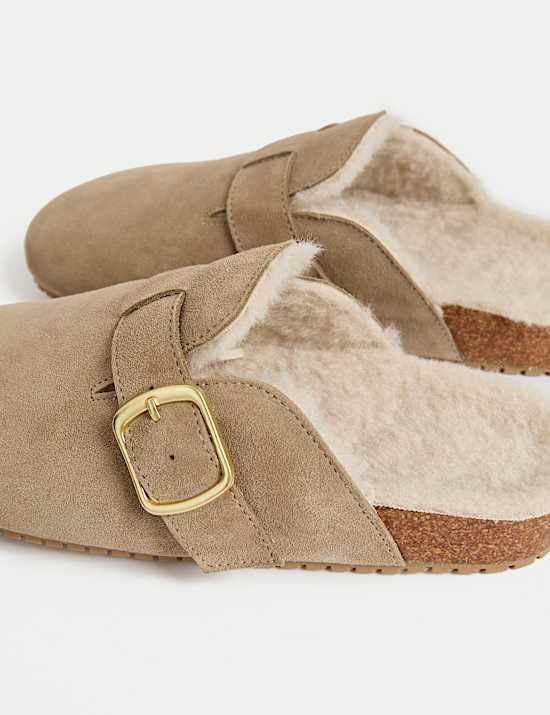 Suede Faux Fur Lined Clog Mule Slippers