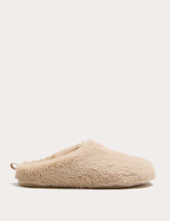 Faux Fur Back Tab Mule Slippers