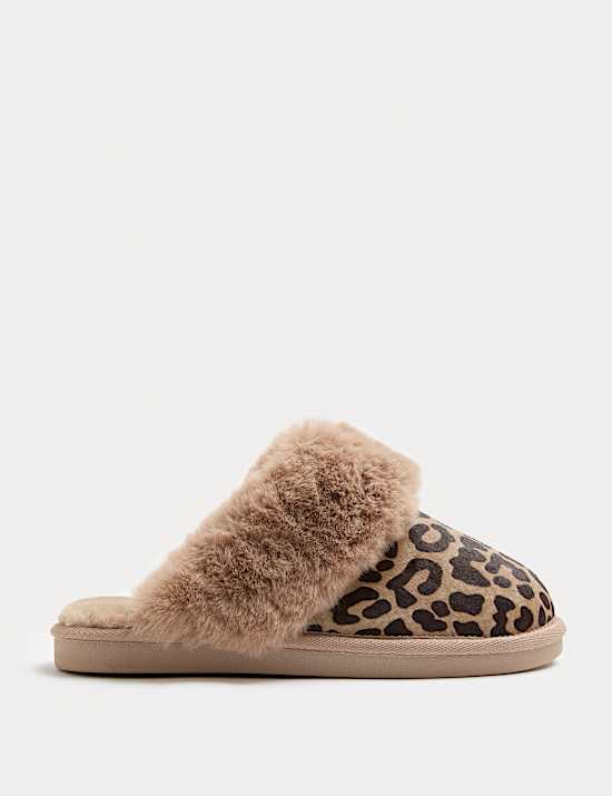Suede Leopard Print Mule Slippers