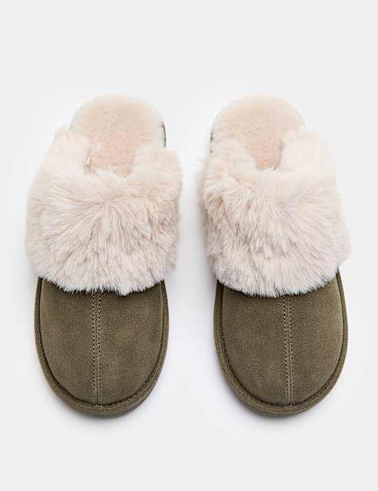 Suede Faux Fur Trim Mule Slippers