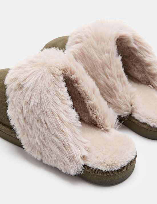 Suede Faux Fur Trim Mule Slippers