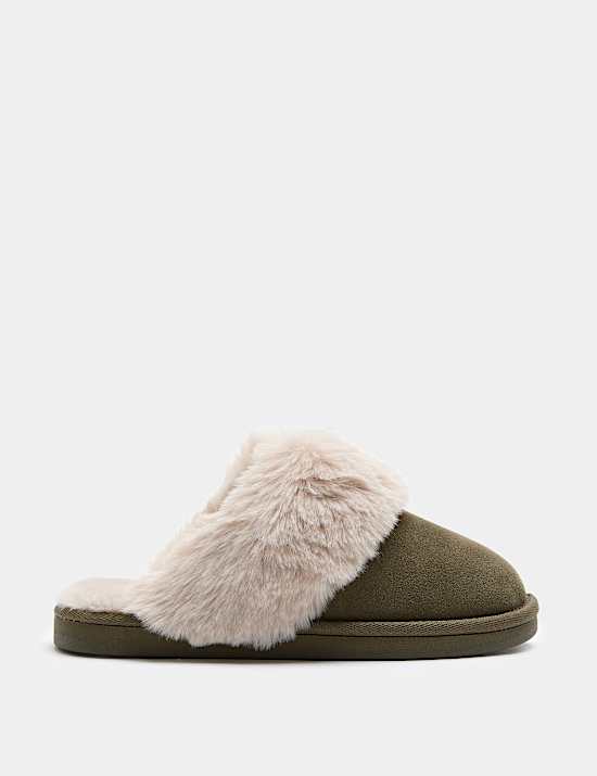 Suede Faux Fur Trim Mule Slippers