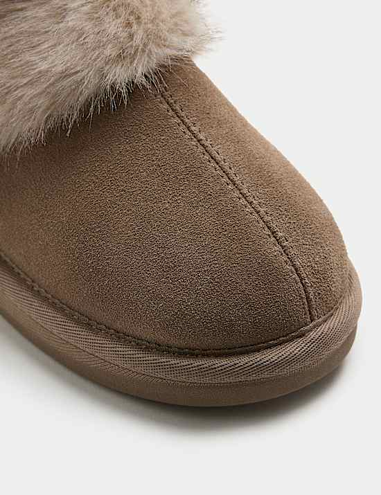 Suede Faux Fur Trim Mule Slippers