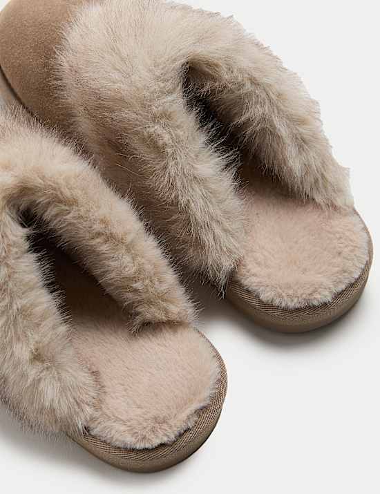 Suede Faux Fur Trim Mule Slippers