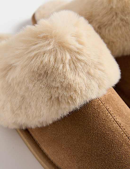 Suede Faux Fur Trim Mule Slippers