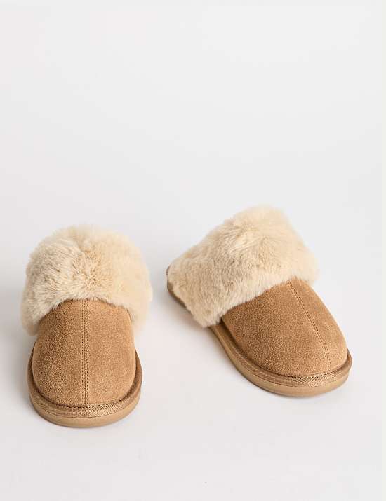 Suede Faux Fur Trim Mule Slippers