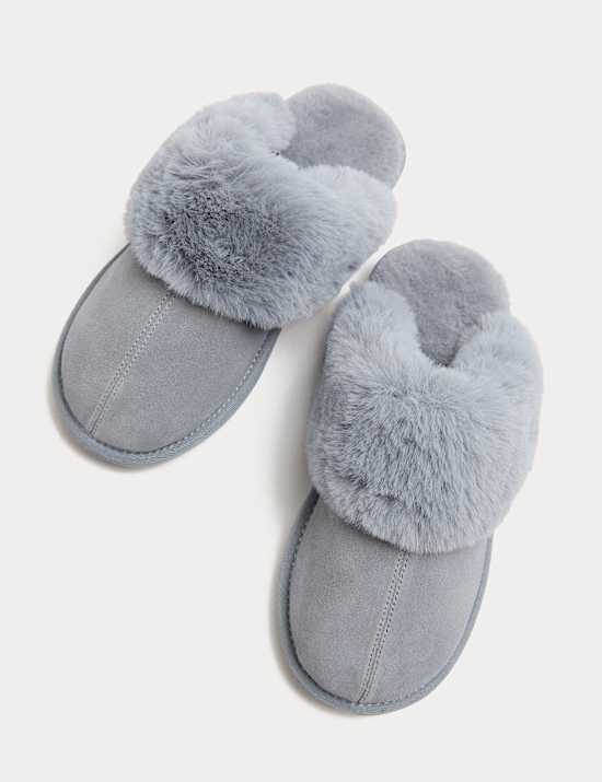 Suede Faux Fur Trim Mule Slippers