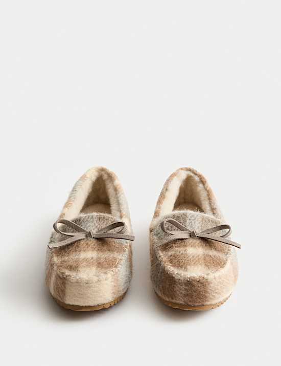 Checked Bow Round Toe Moccasin Slippers