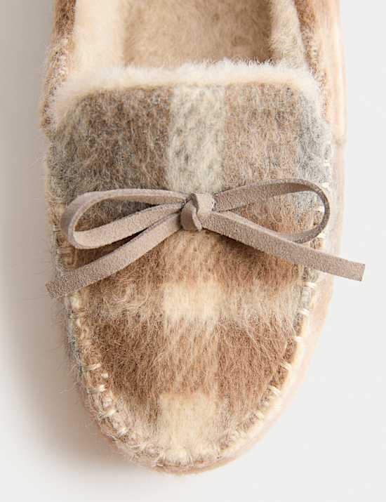 Checked Bow Round Toe Moccasin Slippers