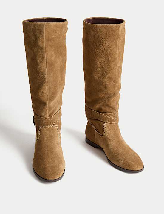 Suede Buckle Flat Knee High Boots