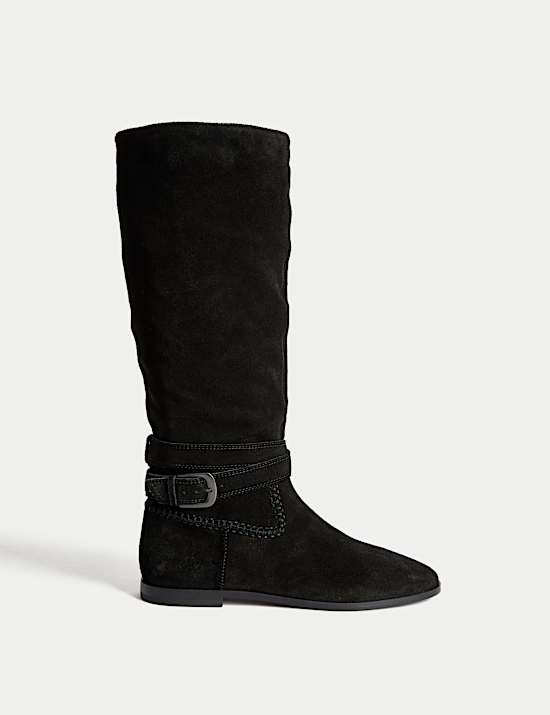 Suede Buckle Flat Knee High Boots