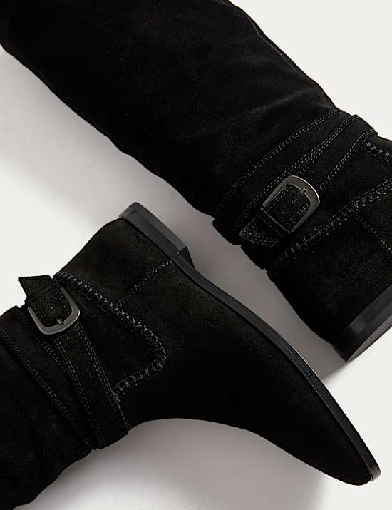 Suede Buckle Flat Knee High Boots