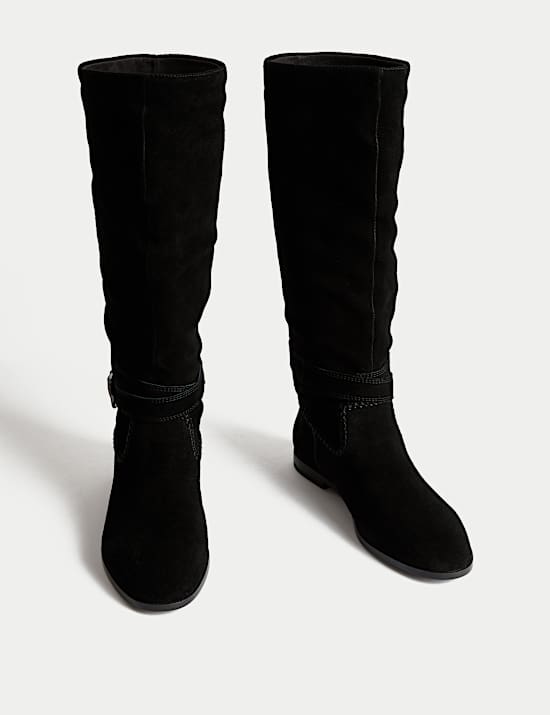 Suede Buckle Flat Knee High Boots