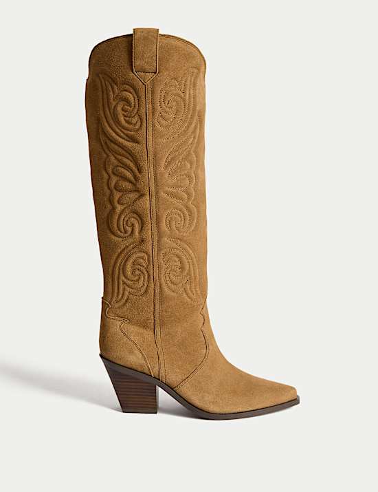 Suede Cowboy Embroidered Knee High Boots
