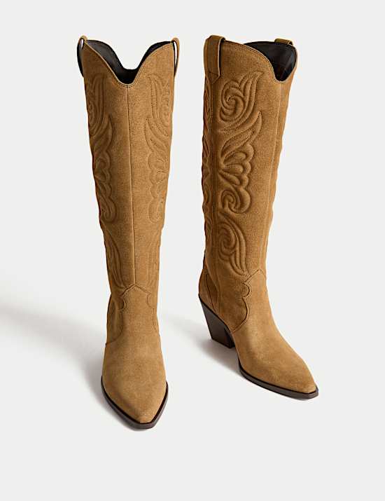 Suede Cowboy Embroidered Knee High Boots
