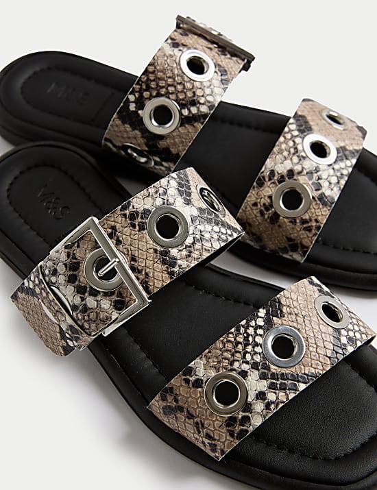 Leather Snake Print Buckle Flat Sandals