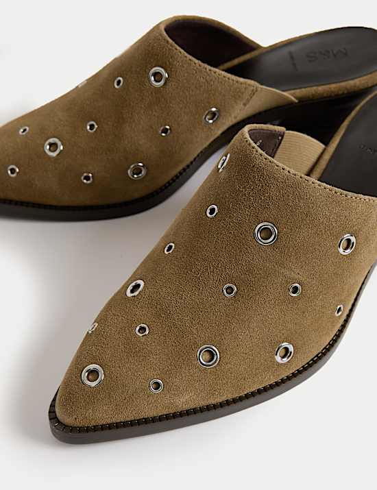 Suede Eyelet Block Heel Muels